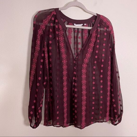 ASO TVD ZOA Maroon 100% Silk Sheer Long Sleeve Blouse Top - Picture 4 of 10